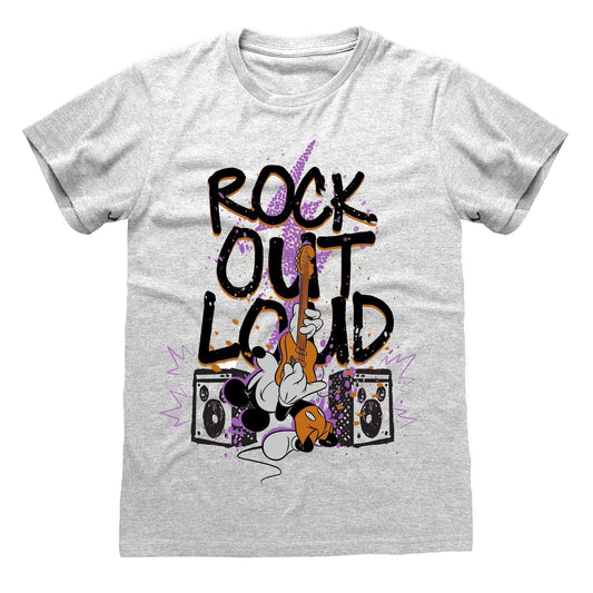Gray t-shirt with 'Rock Out Loud' graphic design featuring a Mickey Mouse cartoon character playing guitar.
