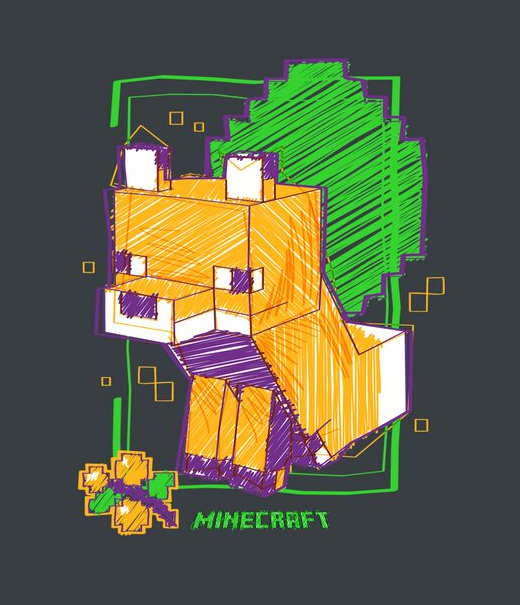 Minecraft fox character with a purple and green outline on a dark background