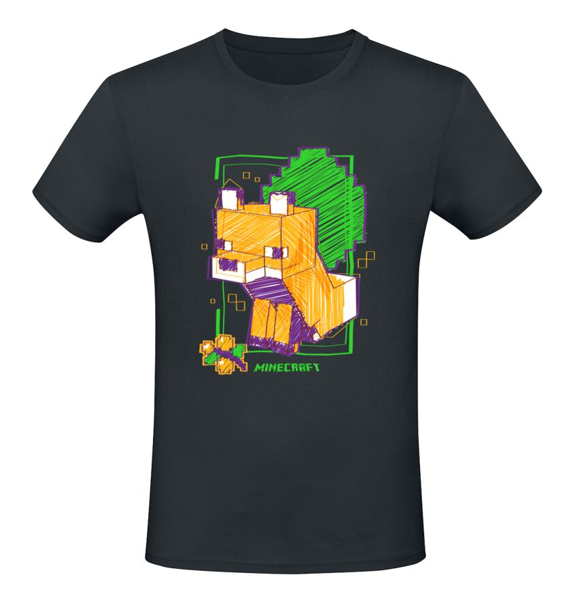 Black t-shirt with a colourful Minecraft fox character design on a white background