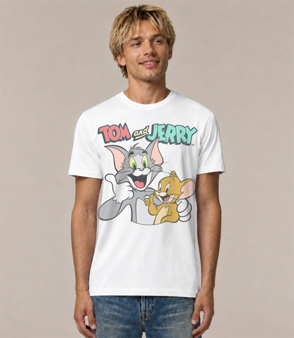 Man wearing a white t-shirt with Tom and Jerry graphic on a beige background