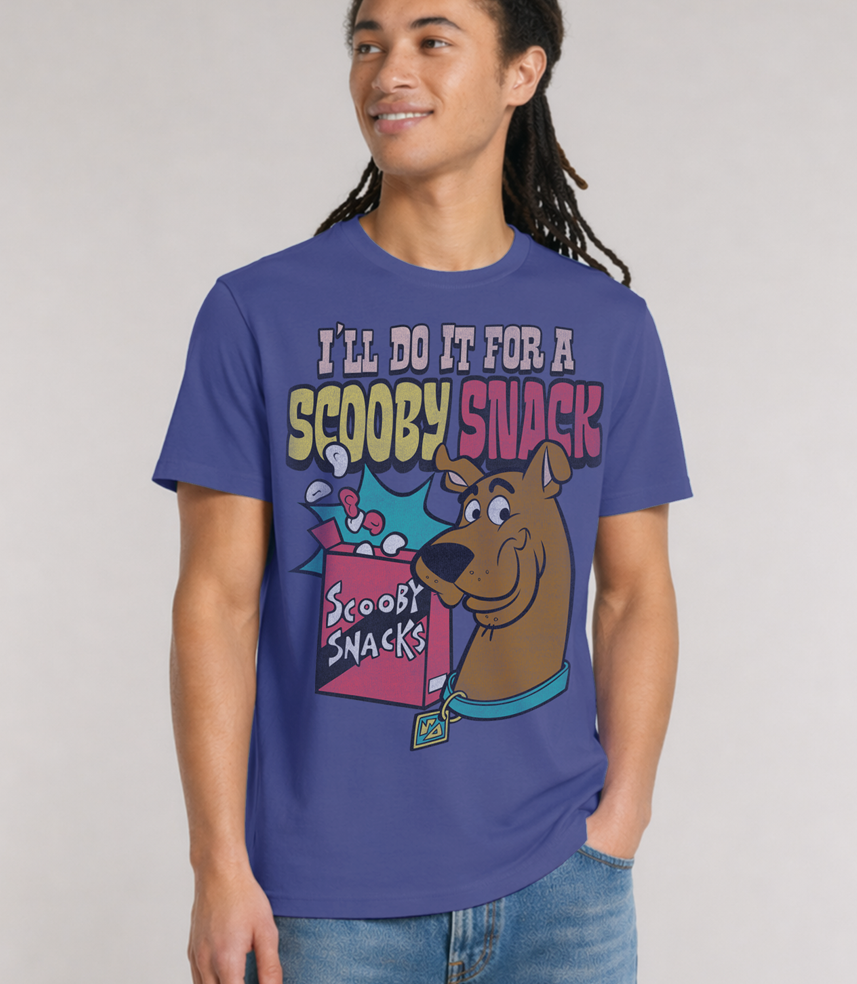 Person wearing an Official Scooby Doo Dusk Blue  short sleeve t-shirt with Scooby-Doo graphic and I'll do it for a scooby snack text