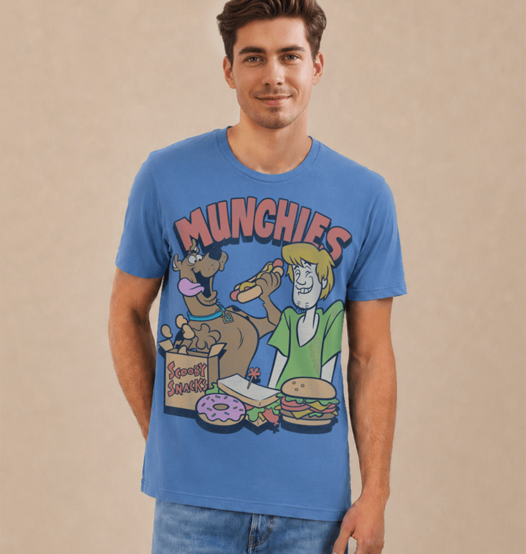 Pearson wearing an Official Scooby Doo Blue t-shirt with cartoon characters Shaggy and Scooby eating Scooby snacks and 'MUNCHIES' text above