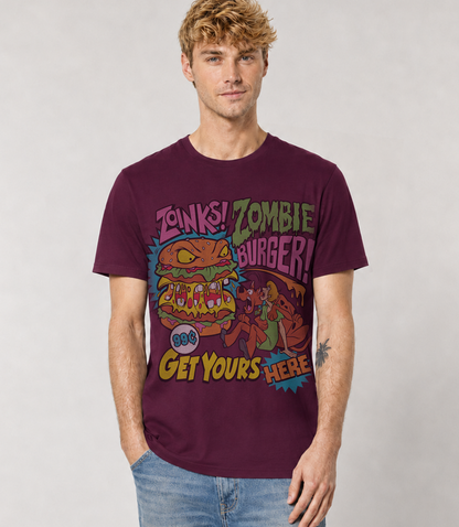 Man wearing an Official Scooby Doo Deep Plum short sleeve t-shirt featuring the awesome Shaggy and Scooby with a Zombie Burger and fun and spooky text