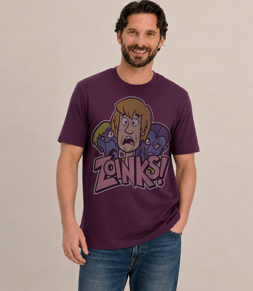 Man wearing an Official Scooby Doo deep plum short sleeve t-shirt with cartoon shaggy and creepy characters and 'Zoinks!' text on a hanger against a beige background