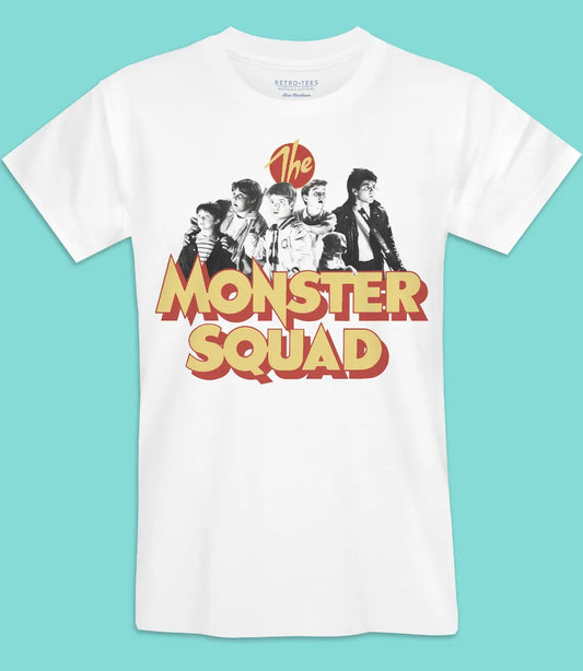 Men's classic fit white t-shirt featuring The Monster Squad 80s Movie design 