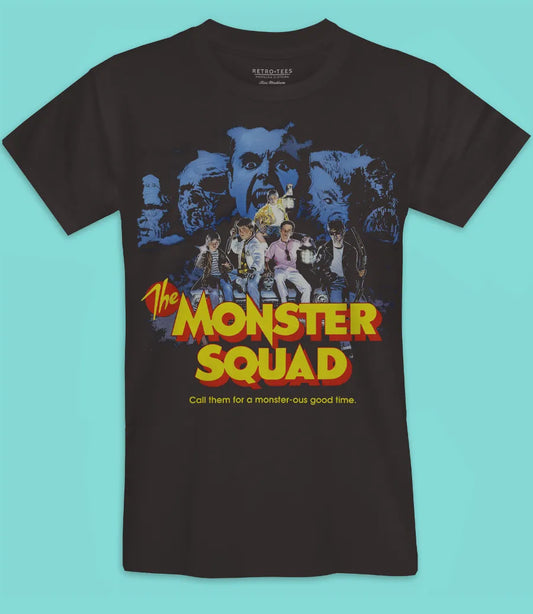 Men's unisex black short sleeve t-shirt featuring The Monster Squad Movie poster inspired design with movie title and Call the for a Monstrous good time tag line