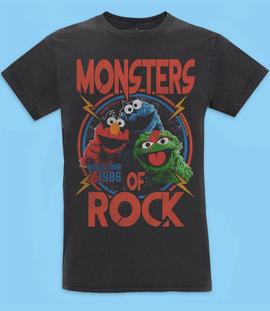 famous forever monsters of rock sesame street exclusive premium vintage washed black t shirt 80s rock music world tour elmo cookie monster oscar the grouch top