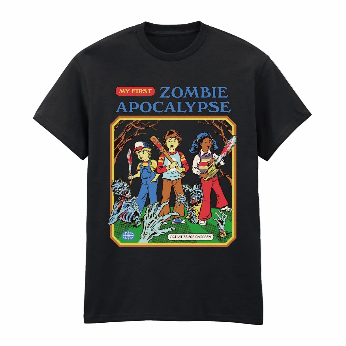 Black t-shirt with a graphic design of three characters in a zombie apocalypse scenario on a white background.