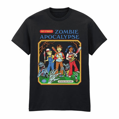 Black t-shirt with a graphic design of three characters in a zombie apocalypse scenario on a white background.