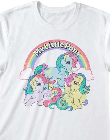 White t-shirt with 'My Little Pony' graphic featuring three ponies and a rainbow.