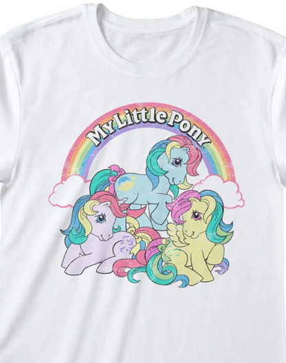 White t-shirt with 'My Little Pony' graphic featuring three ponies and a rainbow.