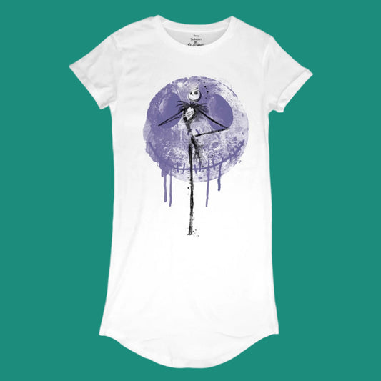 Nightmare Before Christmas Moon Drip Ladies T-shirt Dress. Short sleeve white t-shirt dress with jack skelaton graphics to the front.