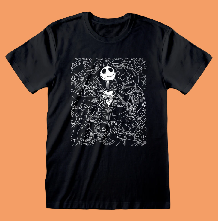 Officially Licensed Nightmare Before Christmas merchandise Black short sleeve t-shirt with Jack Skllington design to the front
