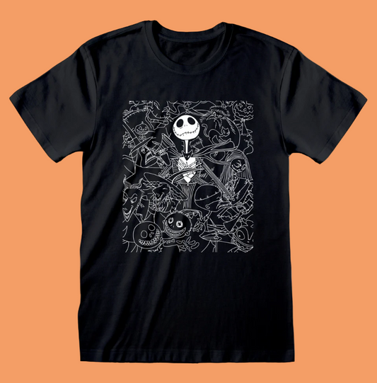 Officially Licensed Nightmare Before Christmas merchandise Black short sleeve t-shirt with Jack Skllington design to the front