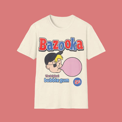 Beige t-shirt with Bazooka bubble gum graphic, retro nostalgic design