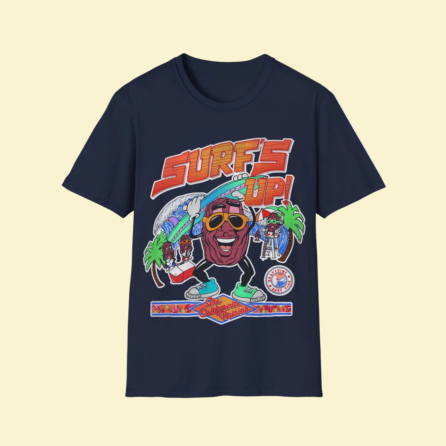 Navy blue  t-shirt with colourful Surfs Up California Raisins graphic design 