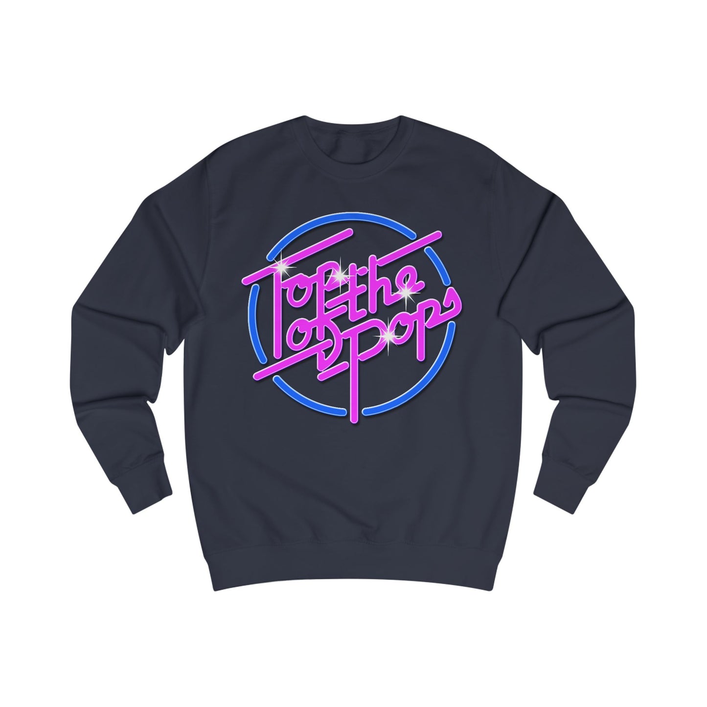 Navy blue sweatshirt with 80s 'Top of the pops' text design