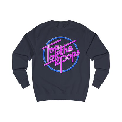 Navy blue sweatshirt with 80s 'Top of the pops' text design