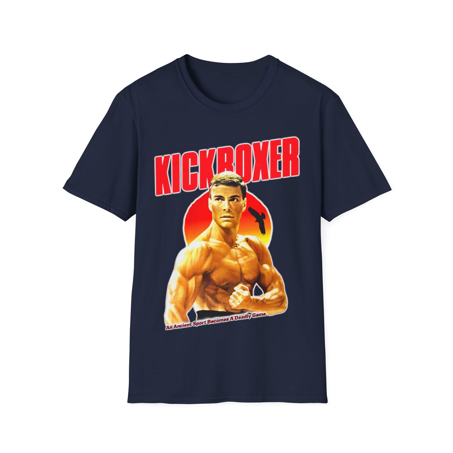 Navy blue t-shirt with 'Kickboxer' graphic design featuring a muscular man on a white background.