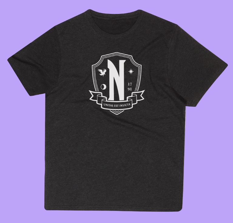 Official Wednesday Black t-shirt with a white Nevermore logo on a white background