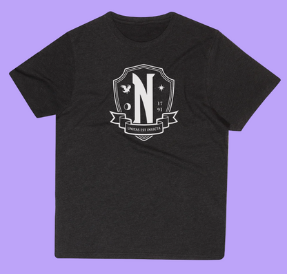 Official Wednesday Black t-shirt with a white Nevermore logo on a white background