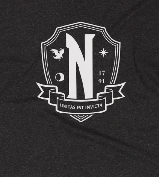 Official Wednesday Black t-shirt with a white Nevermore logo on a white background