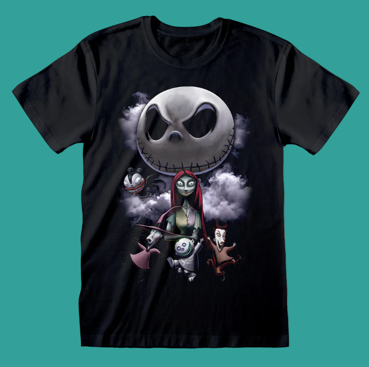 Officially Licensed Nightmare Before Christmas T-shirt black short sleeve with poster design on the front of jack skellington and sally