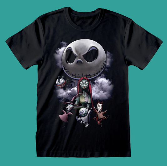 Officially Licensed Nightmare Before Christmas T-shirt black short sleeve with poster design on the front of jack skellington and sally