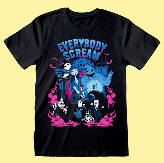 Officially Licensed Nightmare Before Christmas merchandise Black t-shirt with 'Everybody Scream' graphic design featuring characters from the popular movie.