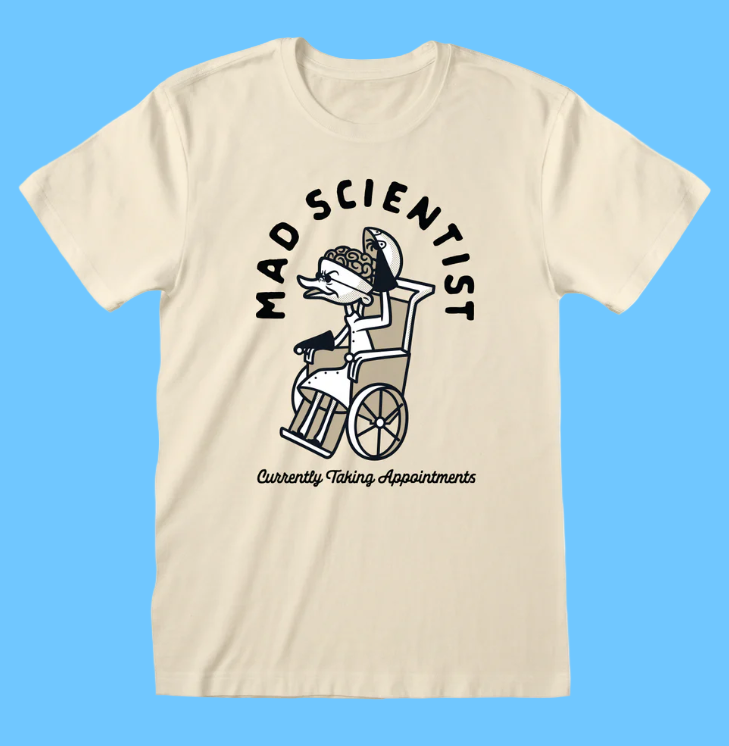 Officially Licensed Nightmare Before Christmas T-shirt natural short sleeve with graphic design on the front of the mad scientist on the front