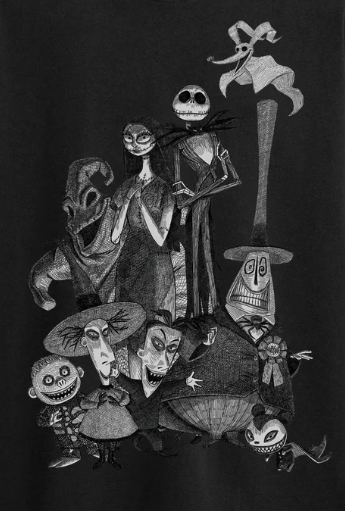 Black and white illustration of characters from 'The Nightmare Before Christmas' on a black background