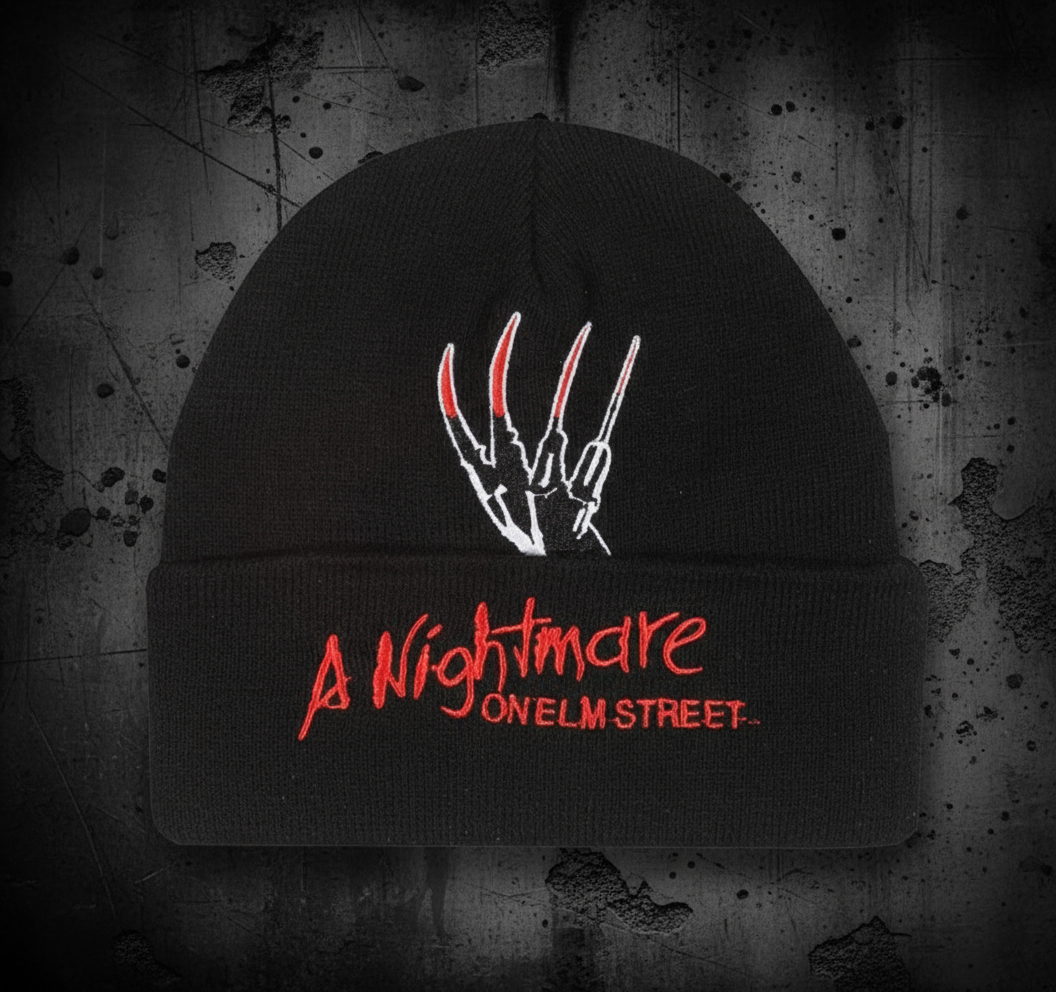 Black beanie with 'A Nightmare on Elm Street' logo and Freddie hand with red claws 