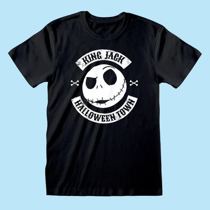 A black short-sleeve crewneck t-shirt featuring a distressed white graphic of Jack Skellington's skull with the text 'KING JACK HALLOWEEN TOWN' and small crossed bones on either side