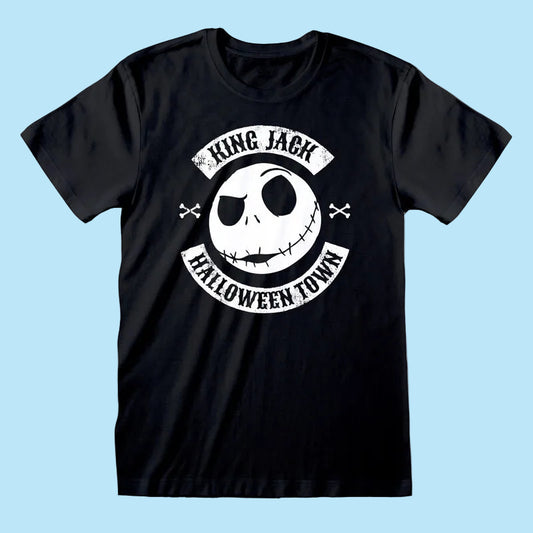 A black short-sleeve crewneck t-shirt featuring a distressed white graphic of Jack Skellington's skull with the text 'KING JACK HALLOWEEN TOWN' and small crossed bones on either side