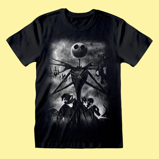 Black t-shirt with a graphic design of a Jack skeleton character and moon Nightmare Before Christmas - Stormy Skies Black T-Shirt