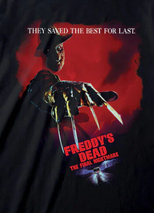 Black t-shirt with Freddy Krueger graphic and text on a white background