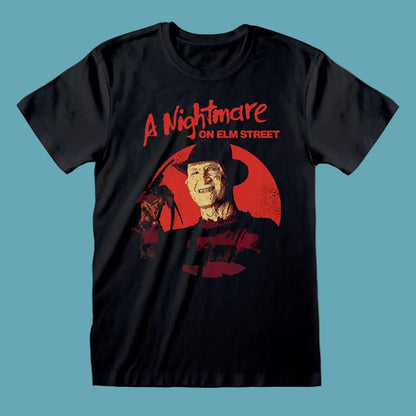 Black t-shirt with 'A Nightmare on Elm Street' graphic design featuring a character and red text.