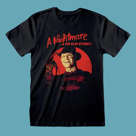 Black t-shirt with 'A Nightmare on Elm Street' graphic design featuring a character and red text.