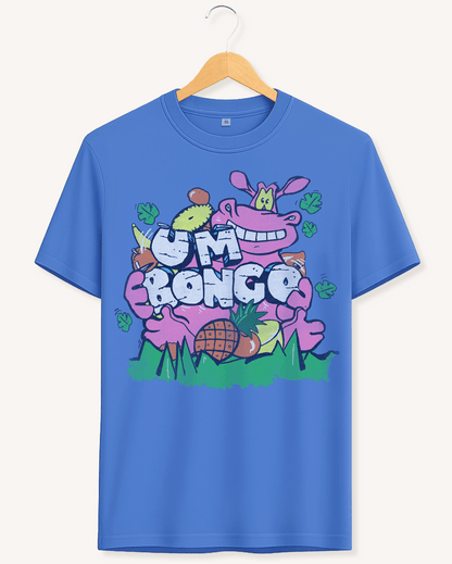 A blue short-sleeve crewneck t-shirt hanging on a wooden hanger against a light beige background. The shirt features a large, colorful cartoon graphic on the front depicting a pink hippopotamus, green leaves, and the text 'UM BONGO'.