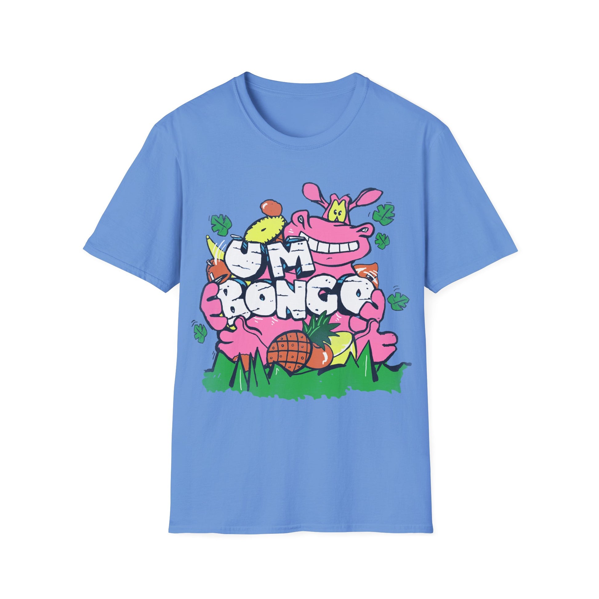 Official Um Bongo Hippo blue t-shirt with a colourful graphic design featuring a cartoon hippo character and text Um Bongo