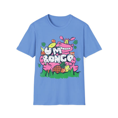 Official Um Bongo Hippo blue t-shirt with a colourful graphic design featuring a cartoon hippo character and text Um Bongo