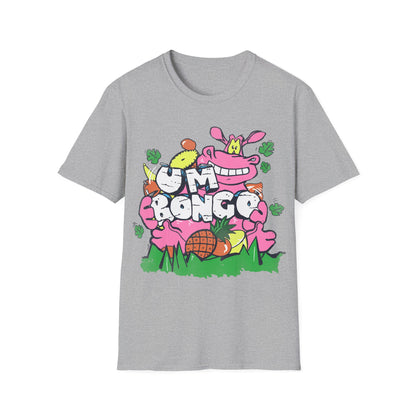 Official Um Bongo Hippo grey t-shirt with a colourful graphic design featuring a cartoon hippo character and text Um Bongo