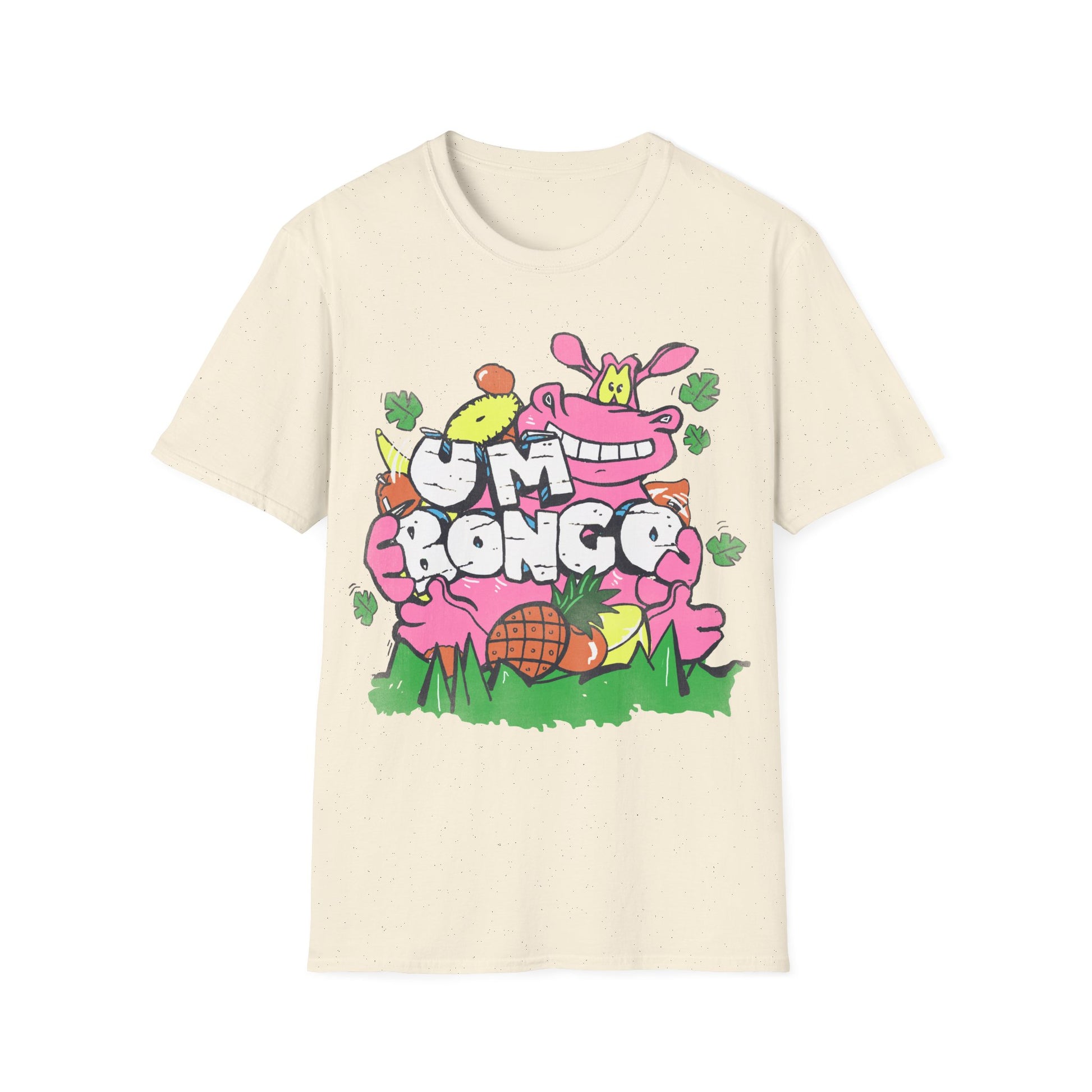 Official Um Bongo Hippo natural t-shirt with a colourful graphic design featuring a cartoon hippo character and text Um Bongo