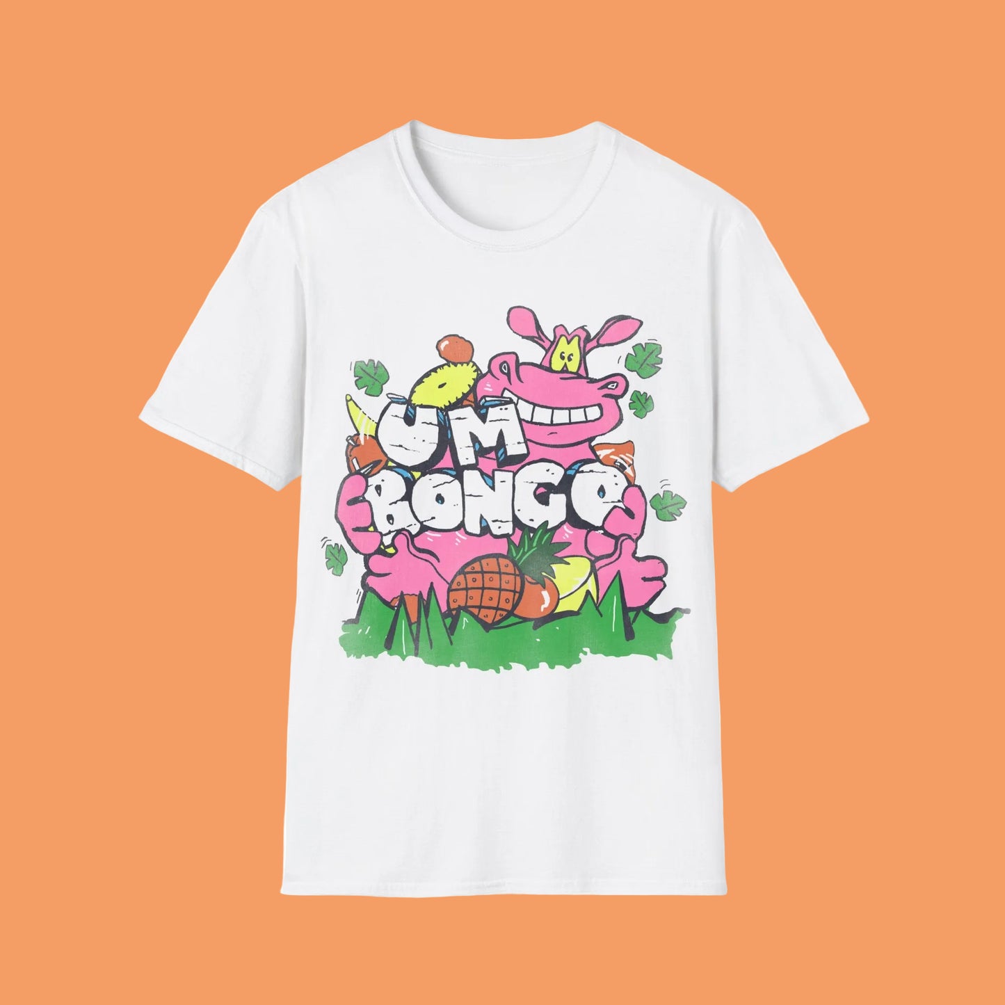 Official Um Bongo Hippo white t-shirt with a colourful graphic design featuring a cartoon hippo character and text Um Bongo