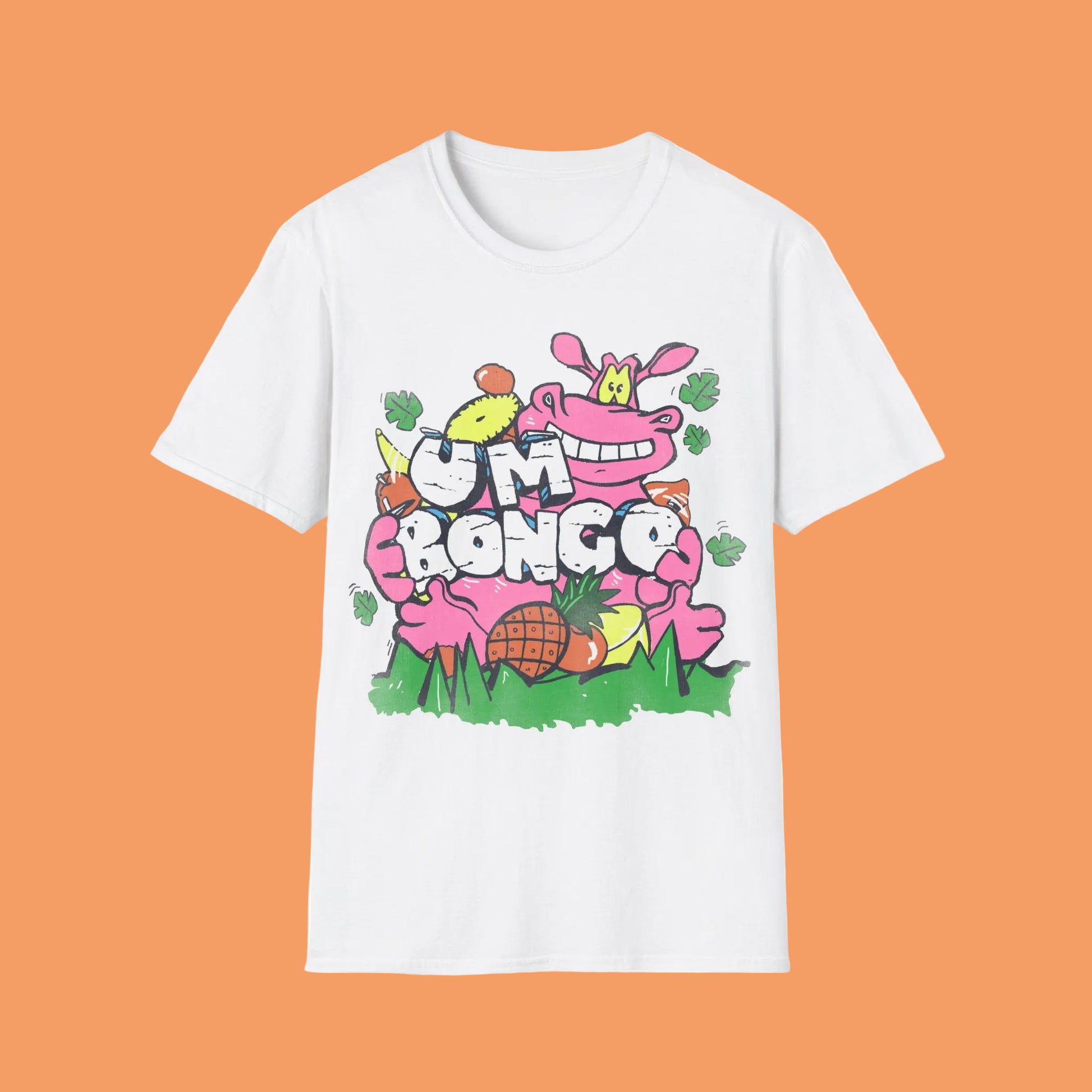 Official Um Bongo Hippo white t-shirt with a colourful graphic design featuring a cartoon hippo character and text Um Bongo