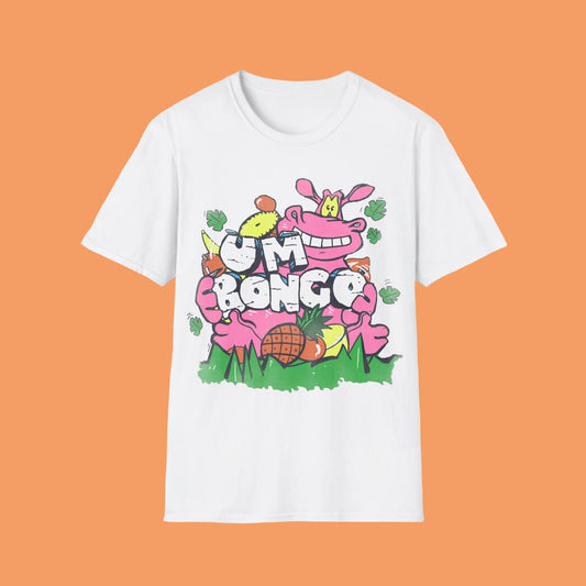Official Um Bongo Hippo white t-shirt with a colourful graphic design featuring a cartoon hippo character and text Um Bongo