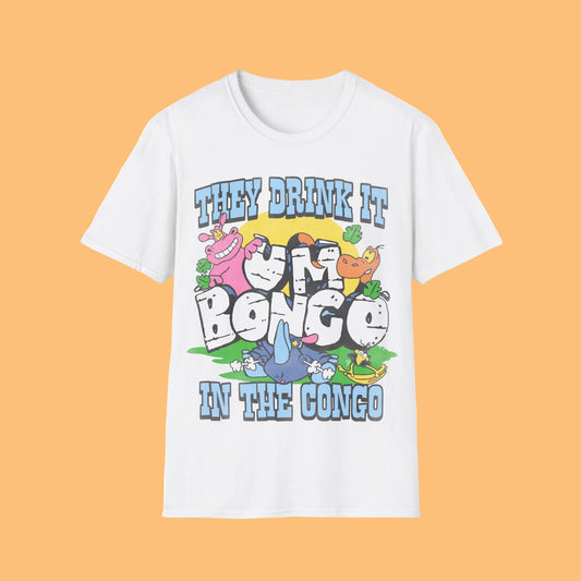 Official Um Bongo They drink it in the congo white t-shirt with a colourful graphic design featuring a cartoon rhino character and text Um Bongo