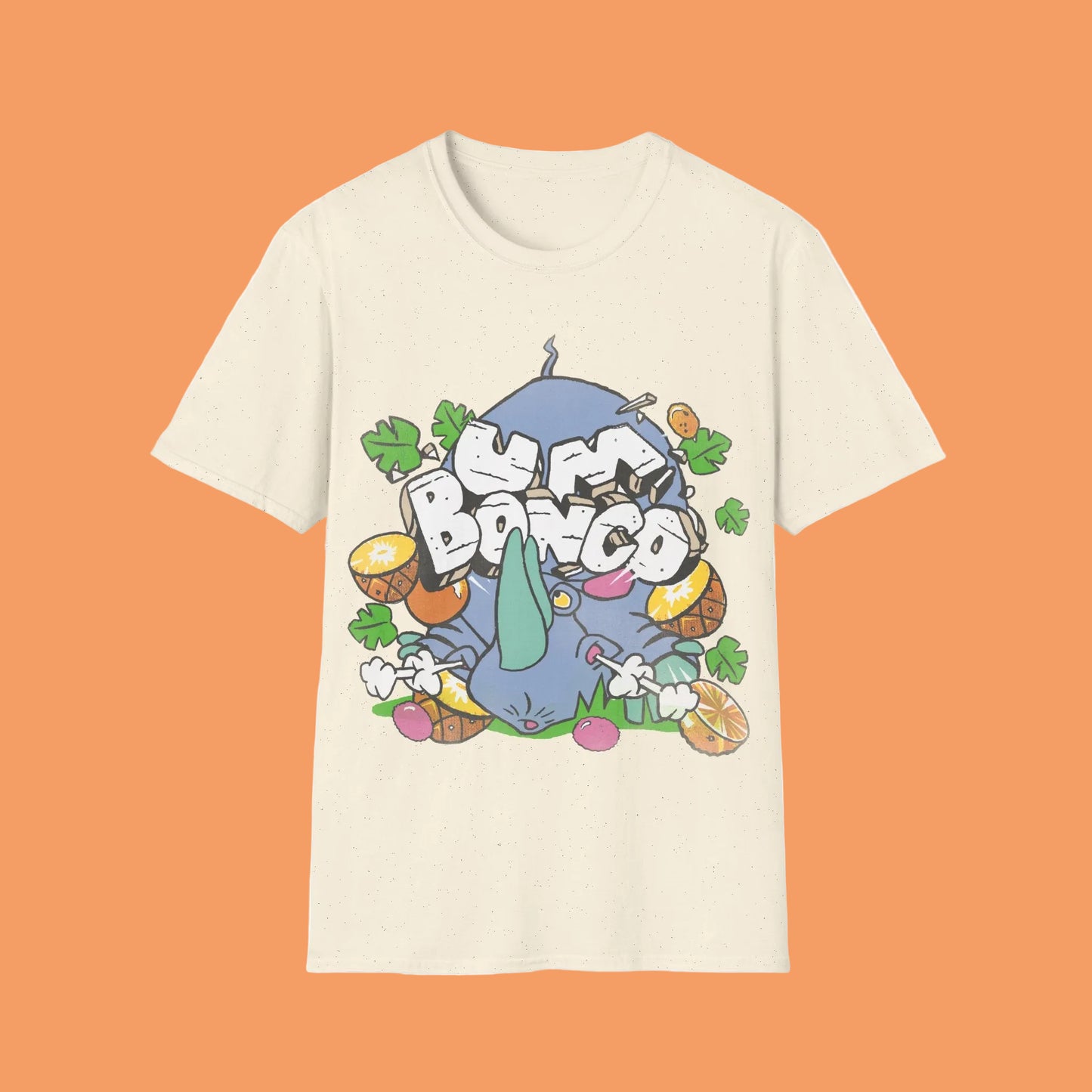 Official Um Bongo natural t-shirt with a colourful graphic design featuring a cartoon rhino character and text Um Bongo