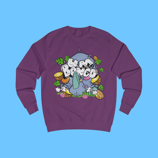 Official Um Bongo rhino purple  sweatshirt with a colourful graphic design featuring a cartoon rhino character and text Um Bongo