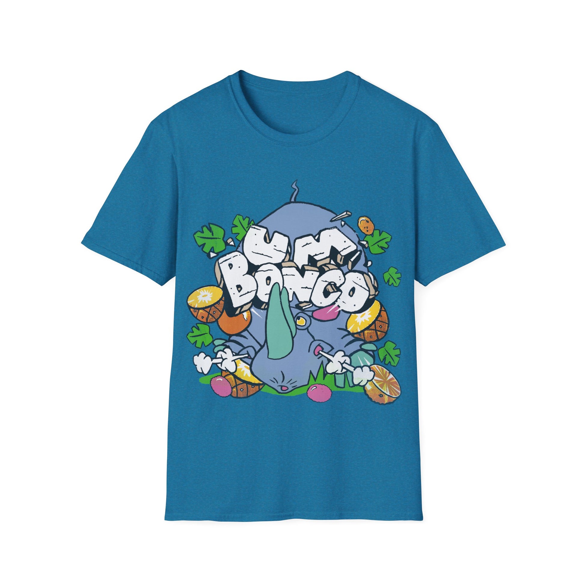 Official Um Bongo sapphire t-shirt with a colourful graphic design featuring a cartoon rhino character and text Um Bongo